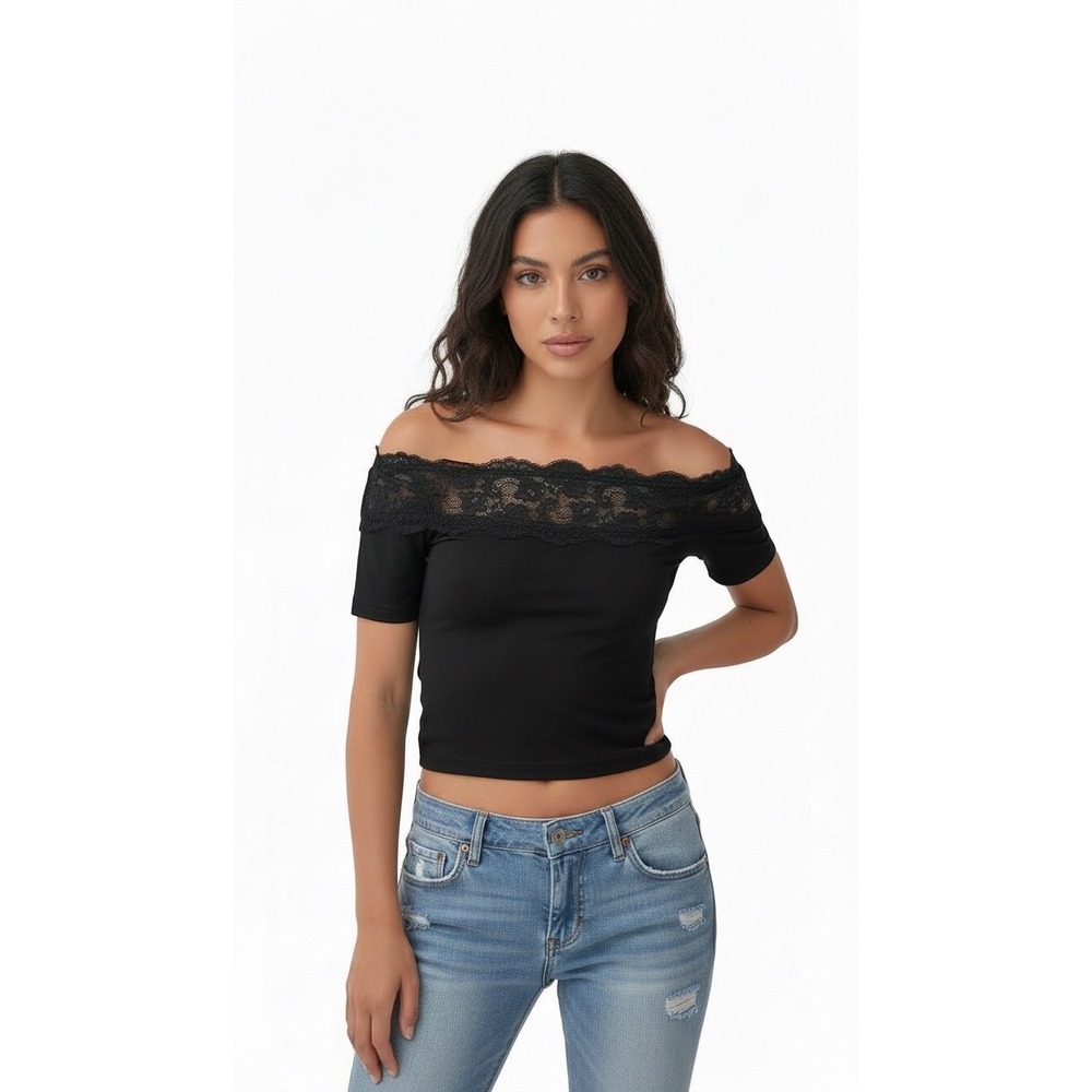 Princess Polly Black Off Shoulder Lace Trim Short Sleeve Top US 4